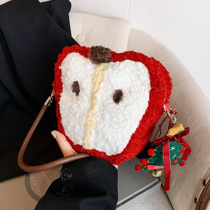 Luxury Lamb Wool Underarm Shoulder Handbag For Women 2024 New Red Apples Shape Plush Crossbody Bag Lady Girls Christmas Gift