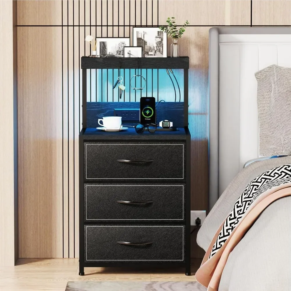 

For Nightstand,LED Nightstand Set of 2, Dresser Nightstand with 3 Drawers and Type C Charging Station, Black Nightstand&