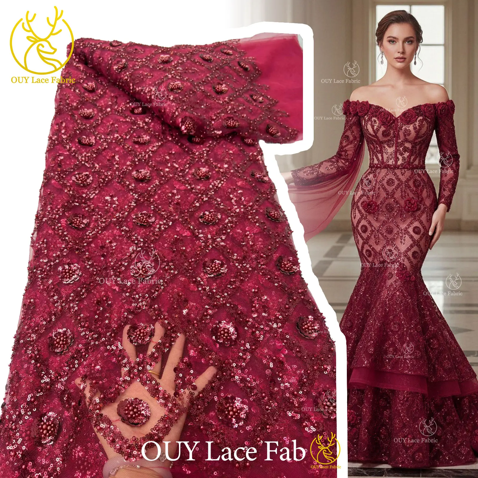 

Hot Sale African High Quality Sequins Tulle Lace Fabric 5 Yards Burgundy Nigerian Beaded Tulle Mesh Lace For Prom Dress Sewing