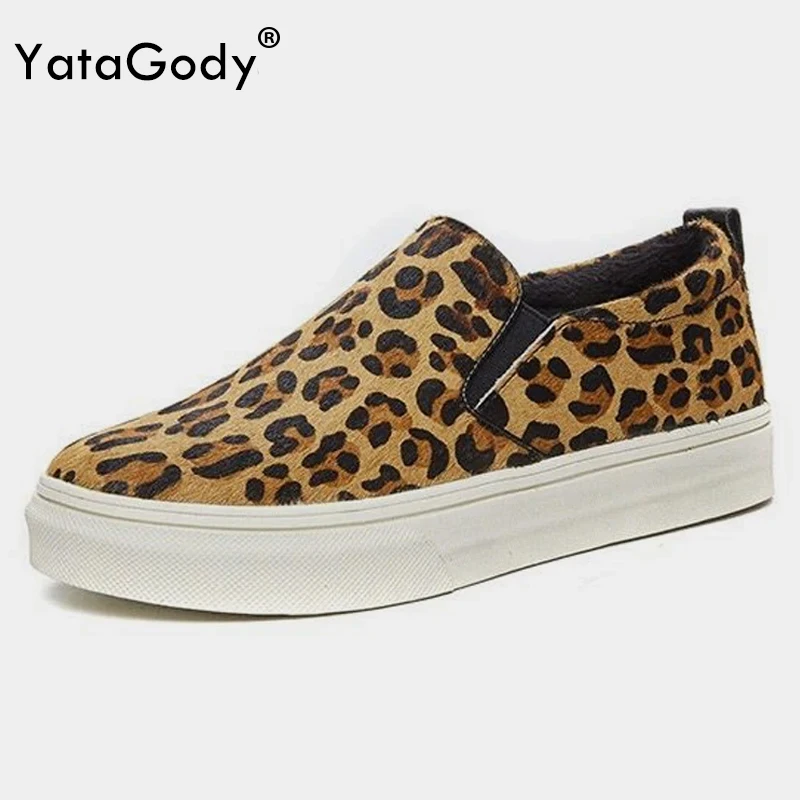 YATAGODY Size 35-40 Women Casual Loafers Leopard Flats Shoes Real Leather Platform Summer 2025 Slip-On Slouchy Mid Heels Daily