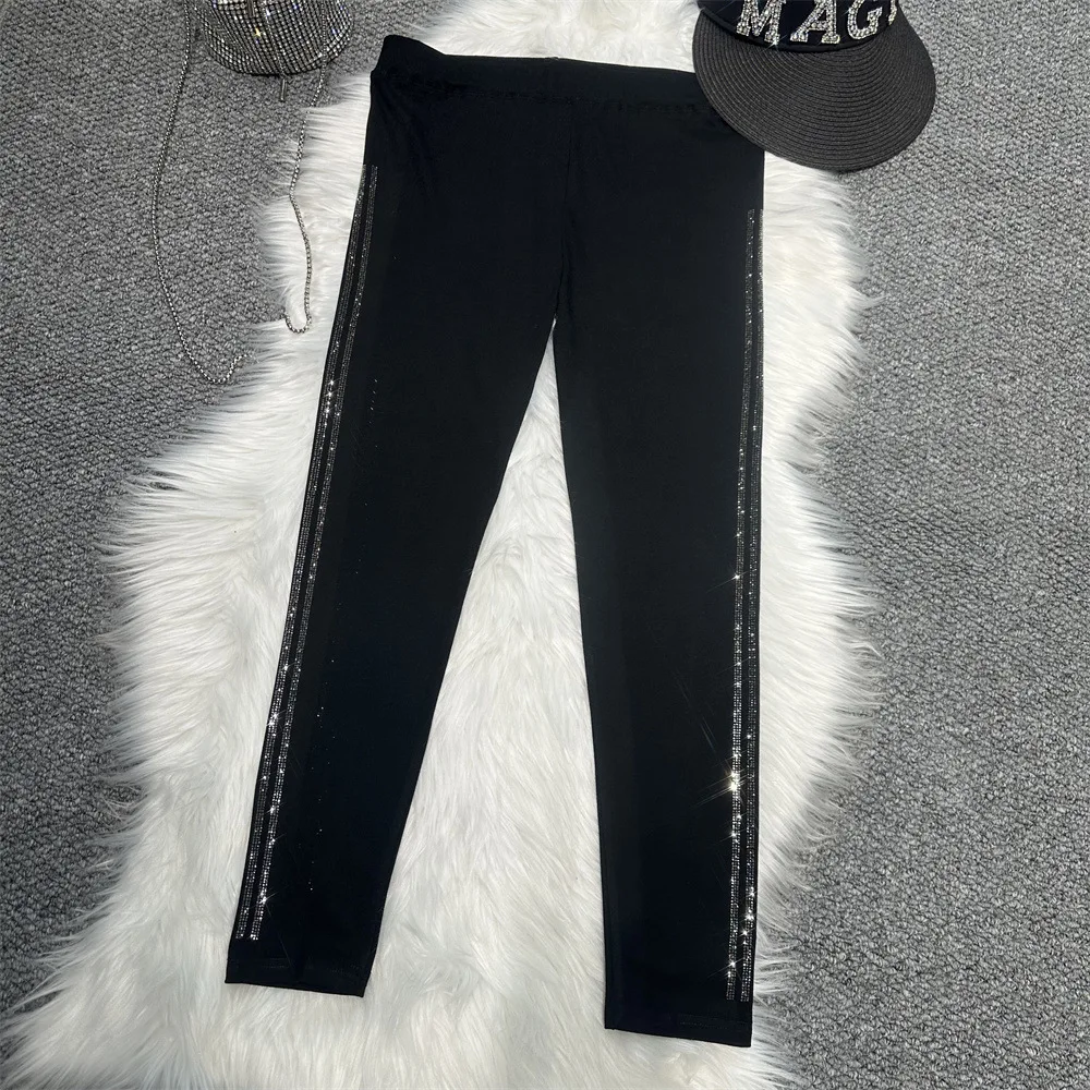 2026 New Spring Autumn All-match Elastic Waist Slimming Ankle-length Women Leggings Side Stripes Hot Diamonds Yoga Fitness Pants