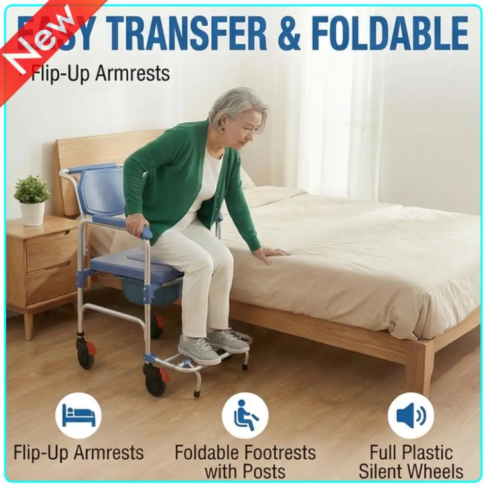 

Aluminum Alloy Shower Chair With Silent Wheels Foldable Commode Chair Waterproof Bath Seat For Elderly Pregnant Disabled Home