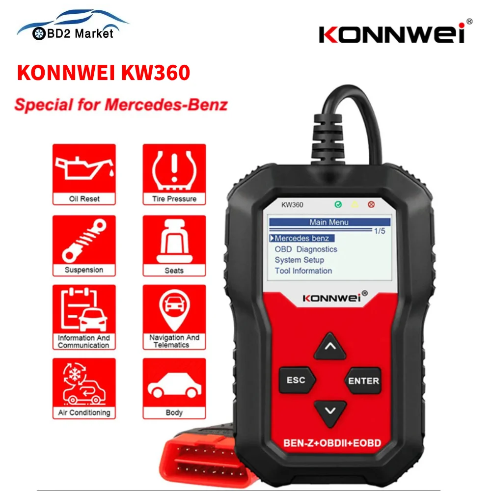 

KONNWEI KW360 OBD2 Scanner Full Systems ABS Airbag Oil Reset For Benz For C300 W204 W205 W211 Professional Car Diagnostic Tool