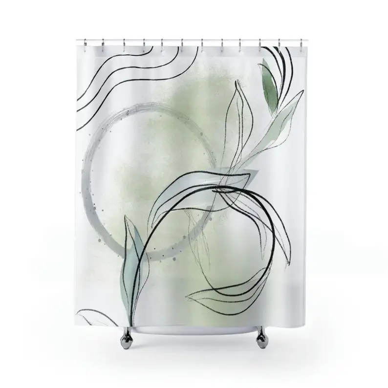 

Занавеска для душа в стиле бохо | Абстрактное произведение искусства, Цветочный шалфейный зеленый Черный Белый | Уникальное современное искусство, пастельный минималистский декор для ванной комнаты