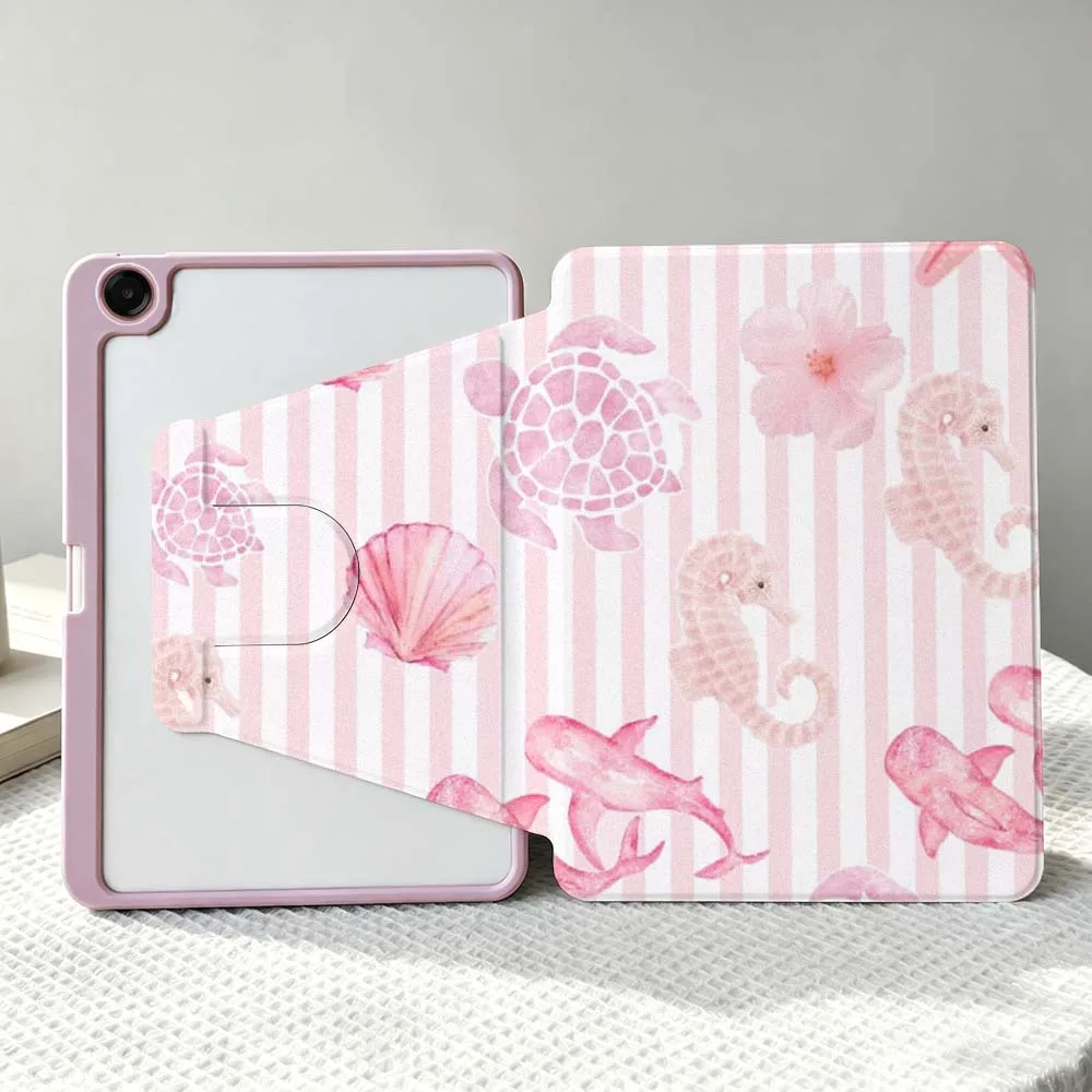 Striped Turtle Shell Whale Soft For Samsung Galaxy Tab S11 S10 S9 S8 A11 FE Plus Ultra 360° Rotation Stylus Storage Tablet Case