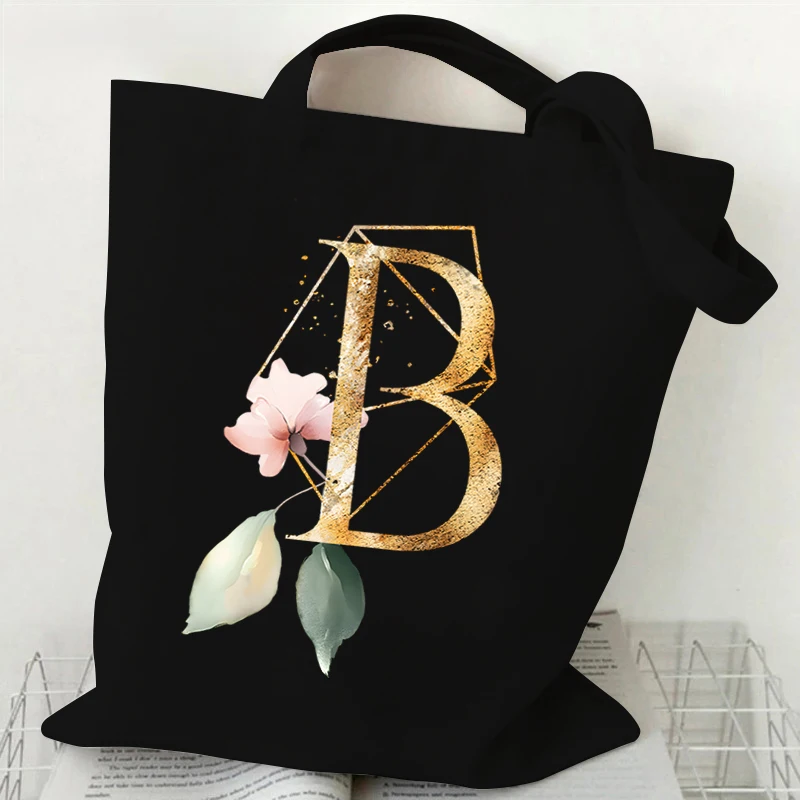 Golden Plant Print Canvas Bag Women\'s Shoulder Bag Fashion Floral Letter Shopping Shopper Ladies Hand Bags Alphabet Tote Bag