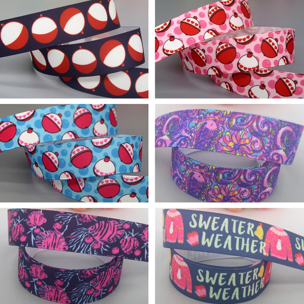 DHK 50yards Fish Float Sweater Weather Printed Grosgrain Ribbon Accessories Material Headwear Decoration DIY Sewing Craft S2226