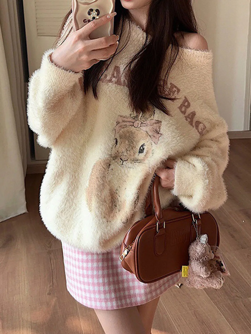 Sweet Women\'s Knitted Sweater Spring Plush Imitation Mink Fur Fabric Cartoon Rabbit Print Cardigan Single Breasted Outwear