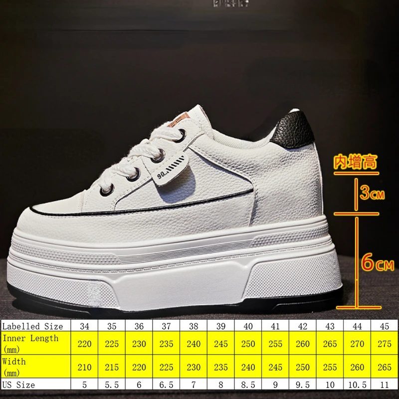 9cm Genuine Leather Women Hidden Heels Women Casual Breathable Chunky Sneakers Platform Vulcanized Fashion Summer Shoes