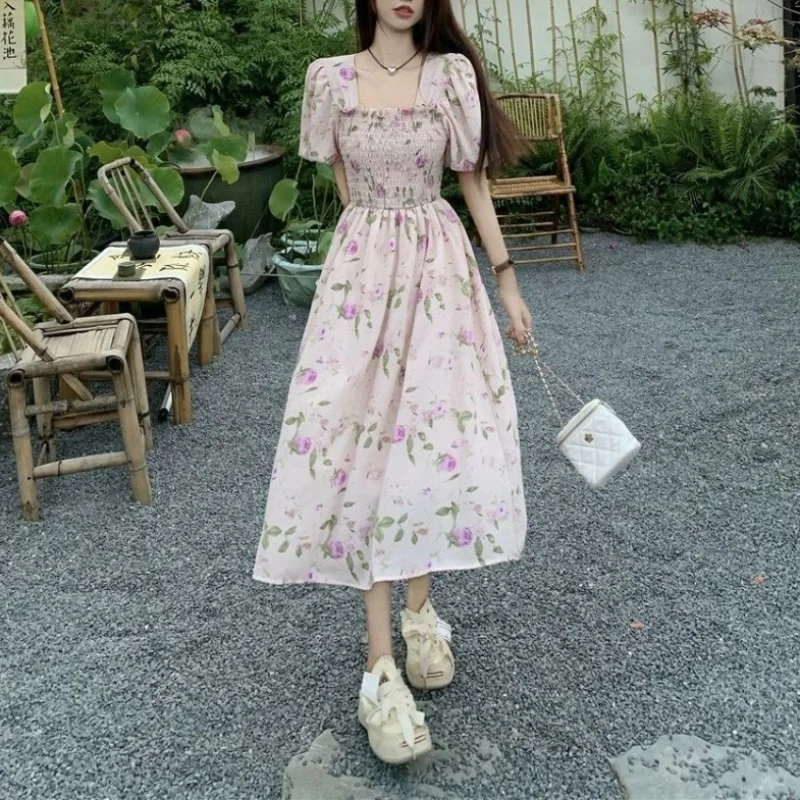 

Women's 2024 Summer New Fashion Sweet Spliced Shirring Belted Square Collar Printed Slim Puff Sleeve Flattering A-line Dresses