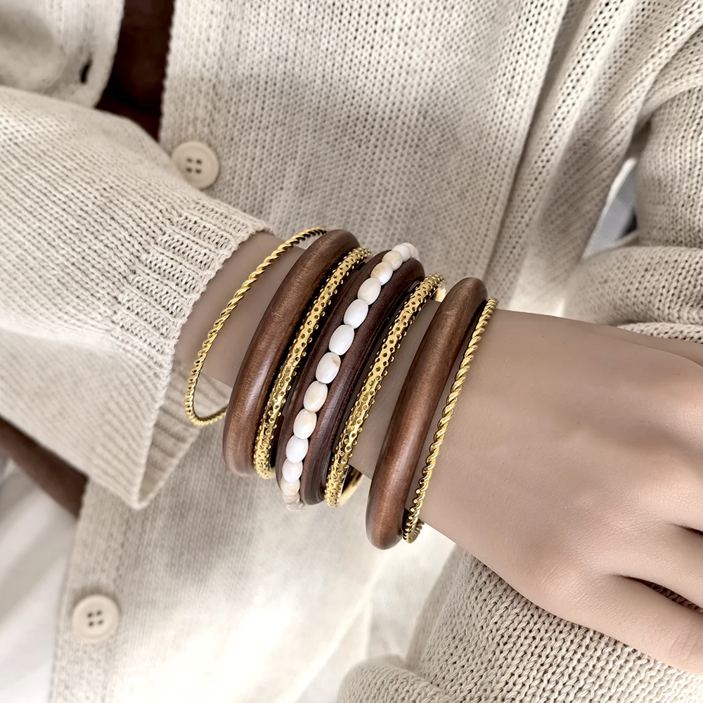 Bohemian Exaggerated Acrylic Metal Layered Bangle Set Fashion Wooden Round Closed Bracelet Women Jewelry New Trend Accessory