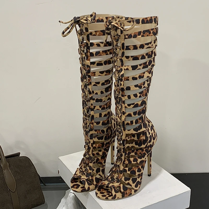 Liyke موضة الجوف خارج عبر حزام ليوبارد طباعة حذاء برقبة للركبة صندل المرأة البريدي مثير اللمحة تو متجرد الكعوب أحذية طويلة التمهيد #4