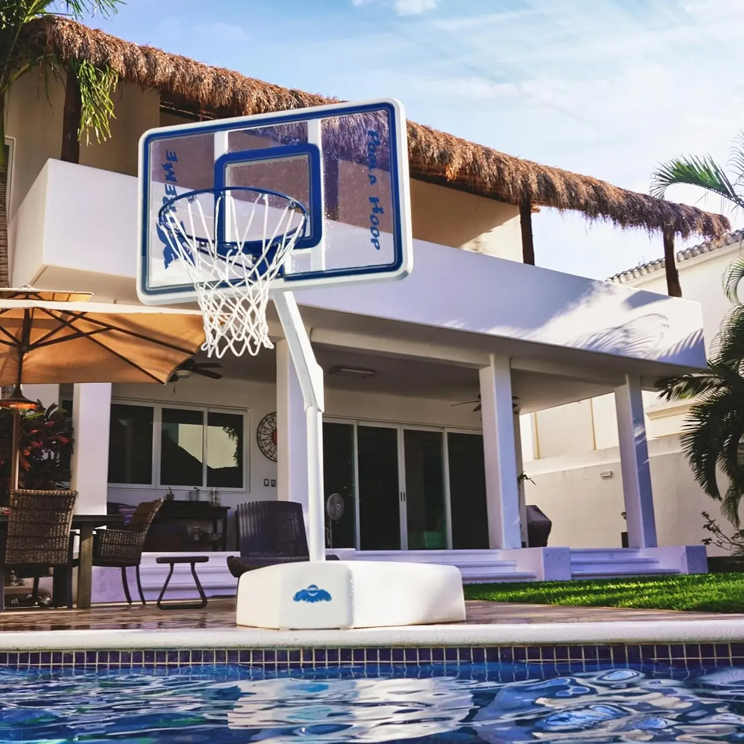 Dunn-Rite Splash & Shoot Outdoor Adjustable Height Swimming Pool Basketball Hoop w/Ball, Base, & 18 Inch Stainless Steel Rim for