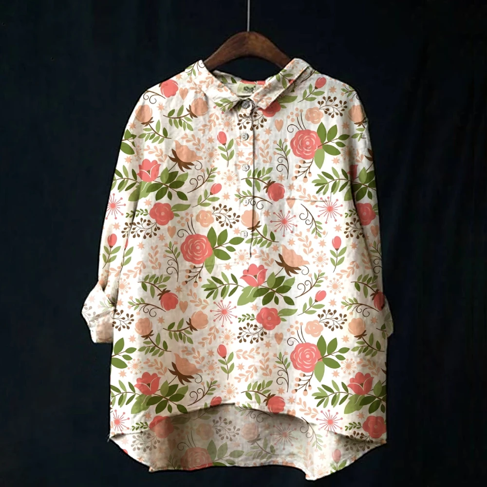 Women's Outfit Chic Pastoral Style Cute Flower Print Shirt Long Sleeve Loose Lapel Button Design New Shirt Cotton Oversized Top