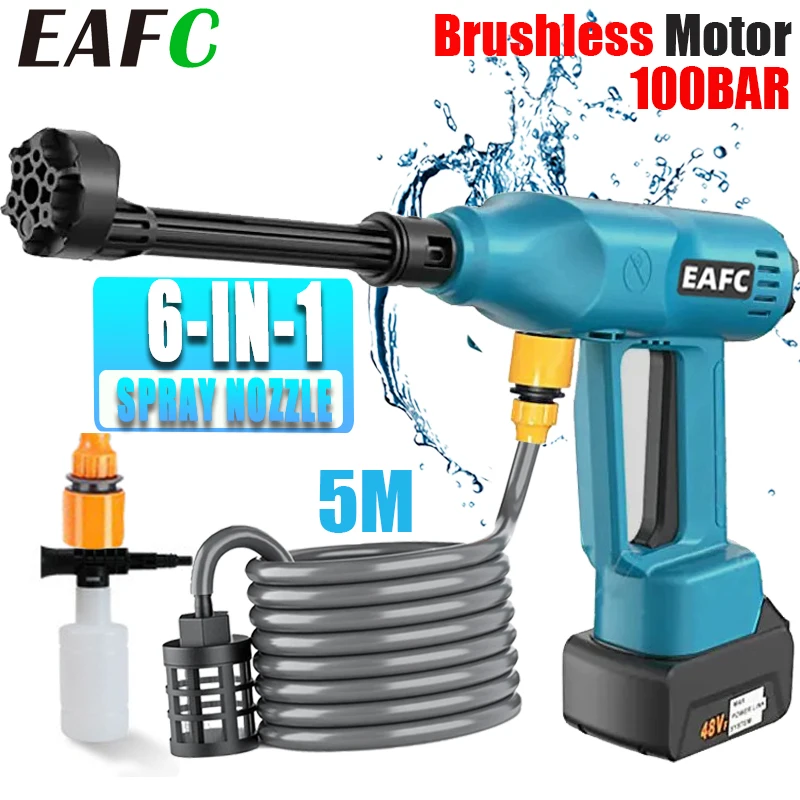 EAFC 100BAR Brushless Cordless High Pressure Car Washer Electric  Battery Car Cleaning Washer Spray Water Gun with 6-IN-1 Nozzle