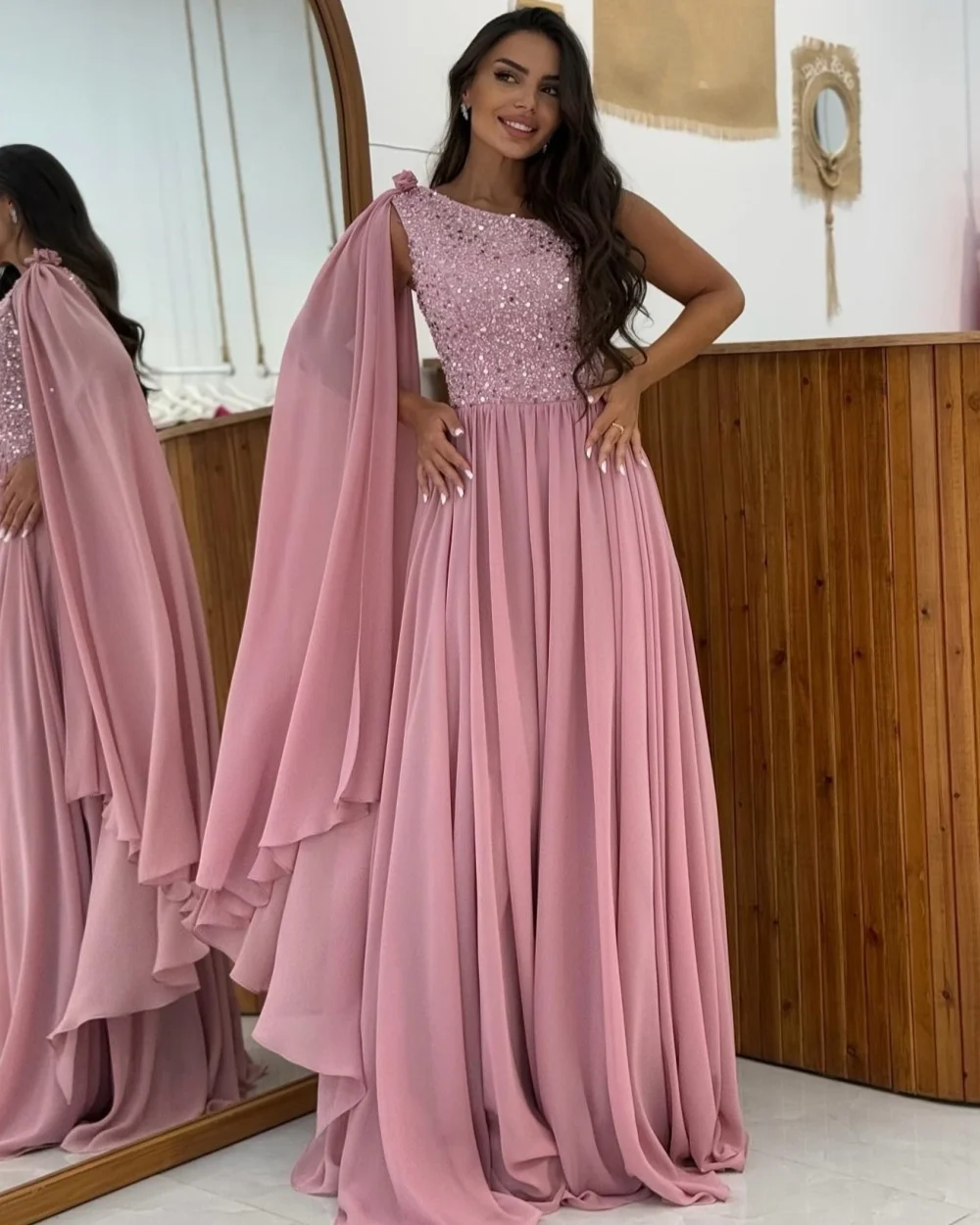 

Customized High Quality Elegant Chiffon Sequined Pleat Straight One-shoulder Long Dresses Bespoke Occasion Dresses Classic Retro