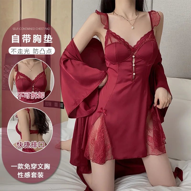 Women 2PCS Robe Set Lace Suspender Nightdress Sleepwear Nightgown Summer Kimono Bathrobe Gown Sleep Suit Satin Home Wear