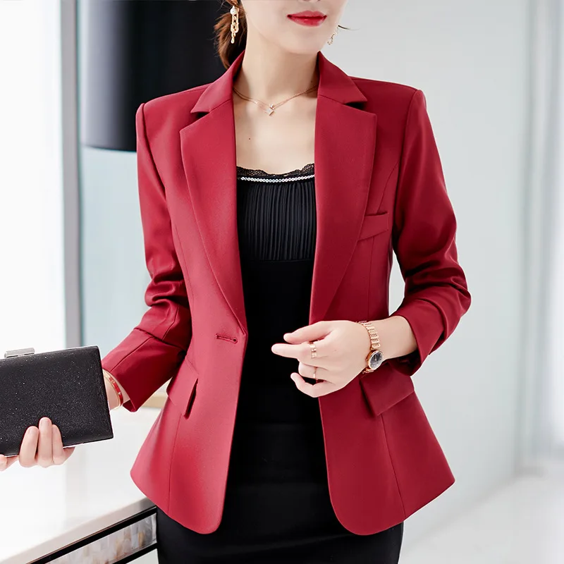 2022 Women Black Slim Fit Blazer Jackets Office Work Wine Red Blazer Outfits Casual Tops Long Sleeve Outerwear Coats NS5263