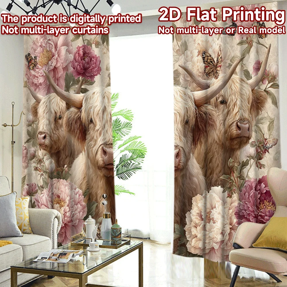 2D FLAT PRINTING 2pcs Curtains (Without Rod) Farm Animals and Flowers Print Chic Curtains Versatile Polyester Fabric Curtains