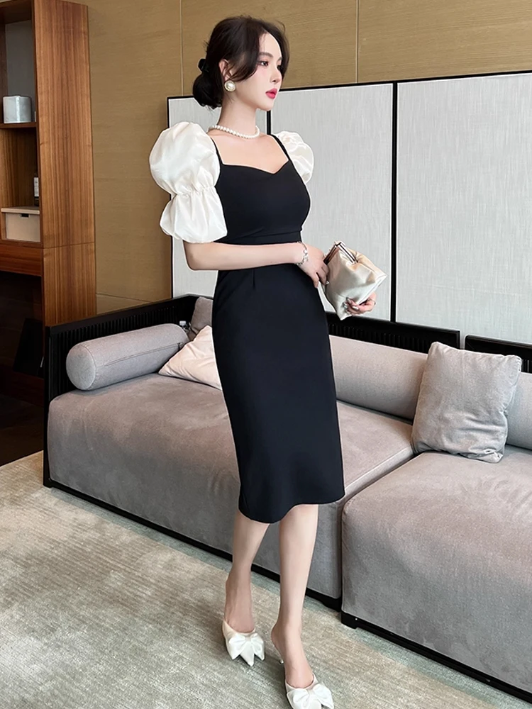 Modisches Koreanisches Elegantes Damen-Abendkleid Schwarz Temperamentvoll Vintage Quadratischer Kragen Schlank Geschnitten mit Schlitz Midi Party Club Kleid