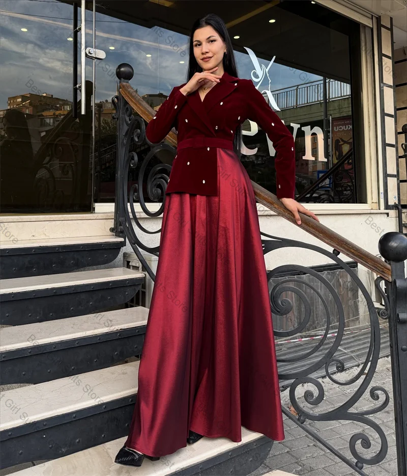 

Pearls Women Suit Set 2 Pcs Velvet Blazer+Satin Prom Dress Beaded Formal Office Business Jacket Customized Wedding Guest Coat