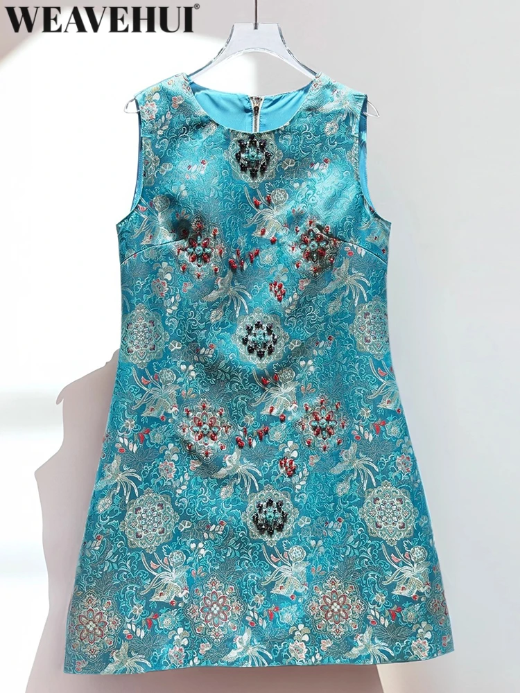 

WEAVEHUI жаккардовый жилет с бисером, платья для женщин, винтажное мини-платье без рукавов с круглым вырезом для летней моды