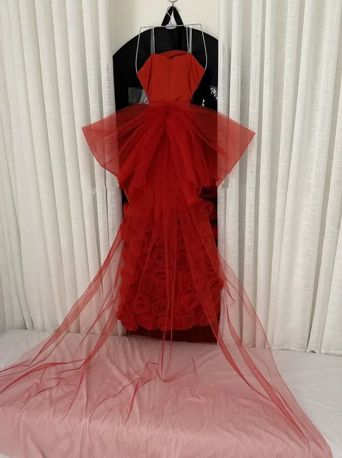 オレンジロングマーメイドイブニングフォーマルドレス手作りローズ花柄スカート大きなリボンストラップレスウエディングドレス Pastrol Unis カスタマイズ