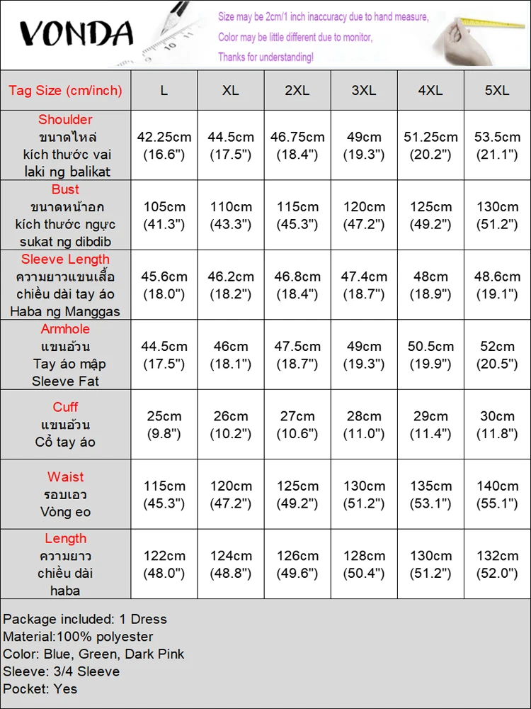 VONDA Plus Size Dresses Women Bohemian Print Midi Sundress Autumn 3/4 Sleeve Belted Casual Long Robe O-Neck Holiday Vestidos 5XL