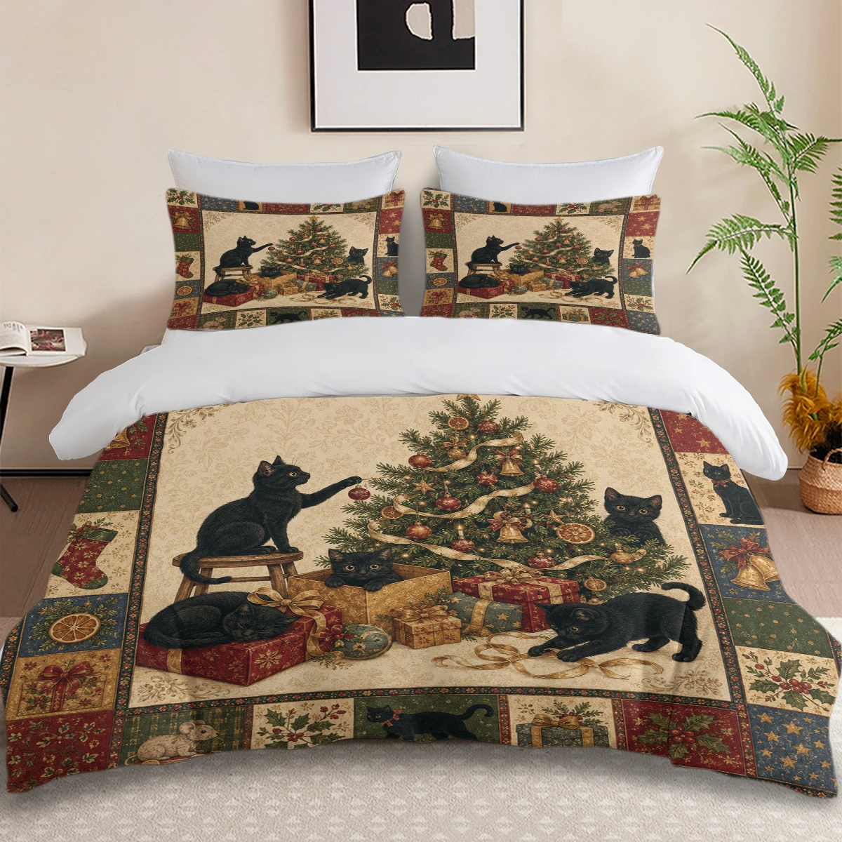 3PCS Christmas Cat Duvet Cover Set,Santa Hat Cat Red Window Pine Branch Ornament Snowflake Printed Bedding With Pillowcases