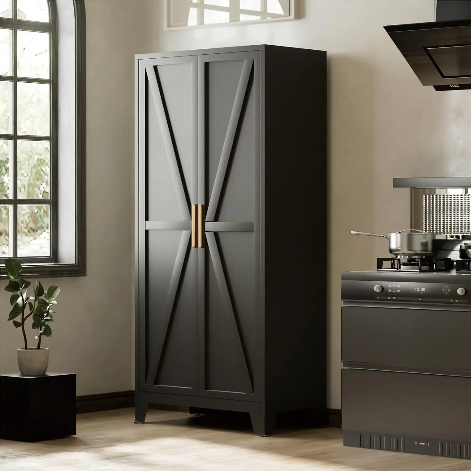 

71-дюймовый кухонный шкаф для кладовой, металлический шкаф для хранения с 2 дверцами и 4 регулируемыми полками, фермерская высокая металлическая кладовая