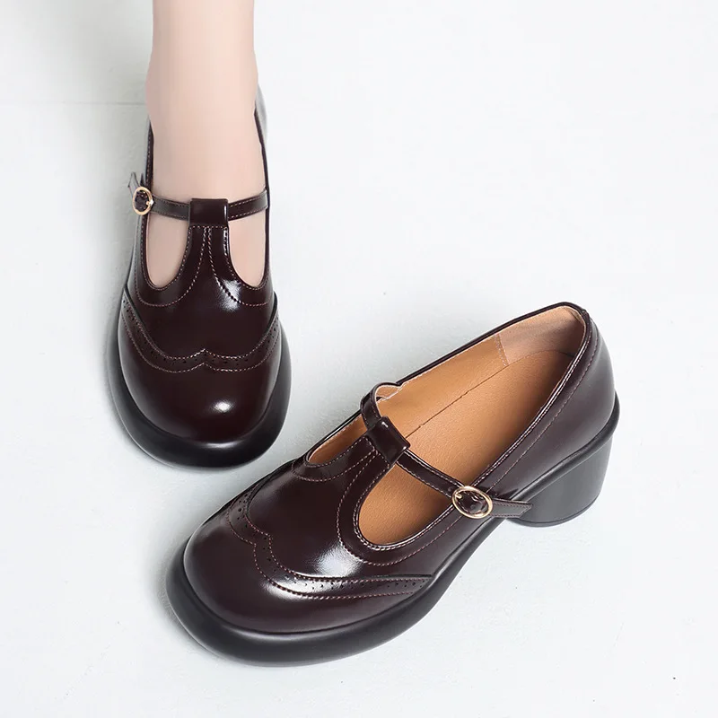 5,5 cm Retro Atmungsaktive Bequeme T-Schnallen Mary Janes Frühling 2026 Damen Blockabsatz Weiche Lederschuhe Plateau für Büro