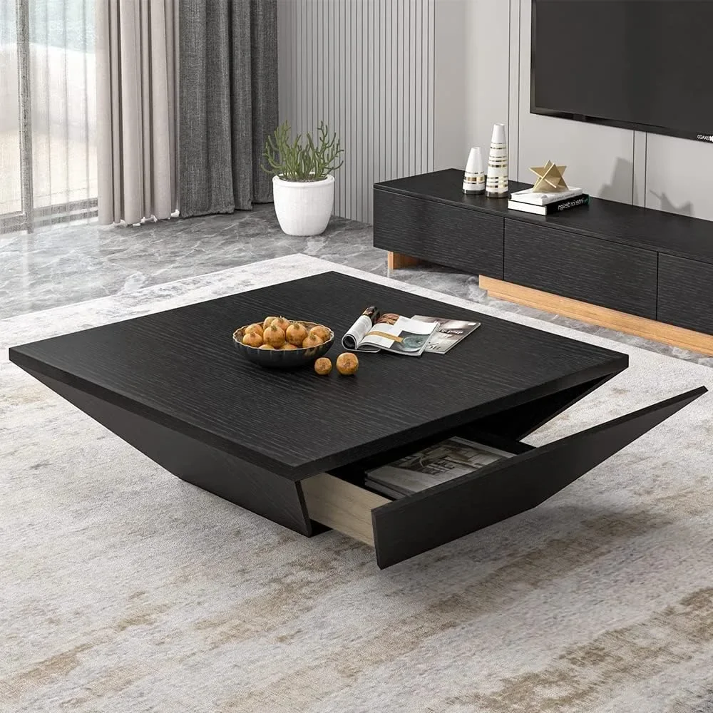 Square Coffee Table with Storage Space in Modern Living Room, Wooden Coffee Table with Drawers, 39.4 