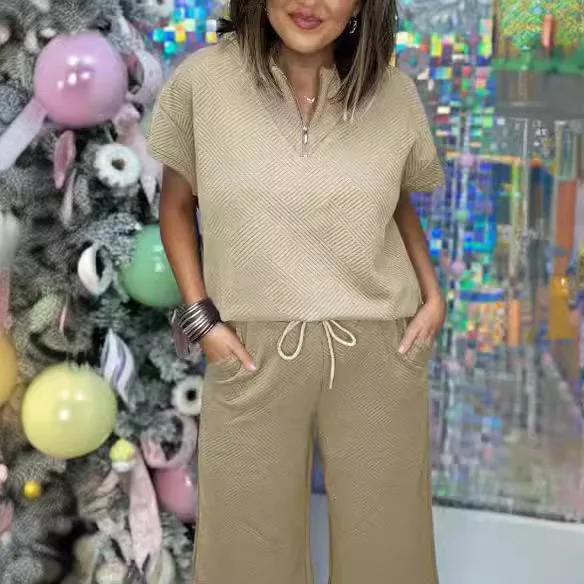 Solid Color Texture Casual Sports Loose Short-sleeved Trousers Set