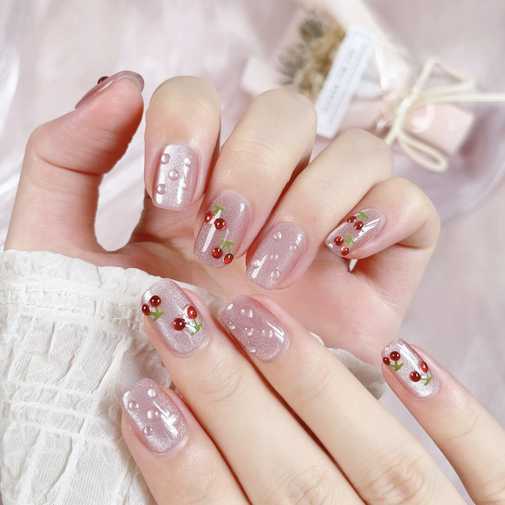 

10pcs Handmade Press on Nails Ruby Cherry Pink Short Ballet Full Coverage Nail for Women&Girl Removable Wearable Nail Daily Wear