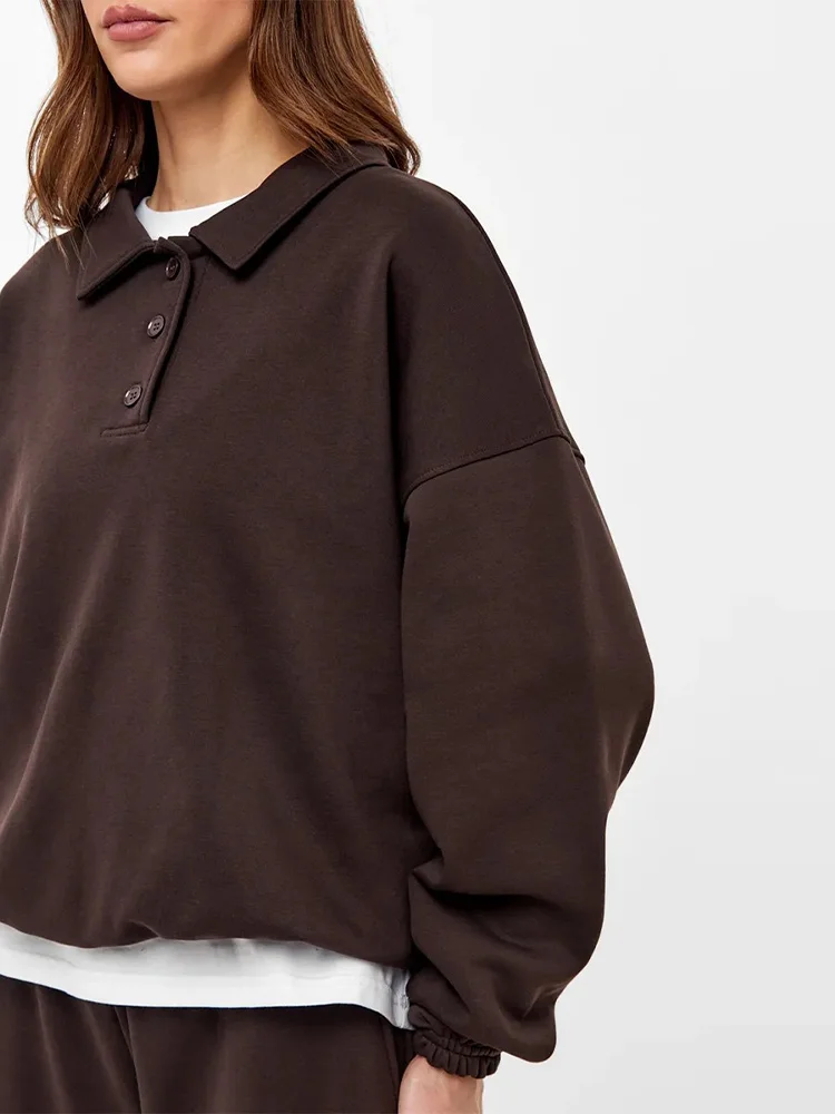 Damen-Hosenanzug 2-teilig Polokragen Langarm-Sweatshirt Pullover Elastische Taille Hose Streetwear Einfarbiger Oversize-Trainingsanzug – Detail 16