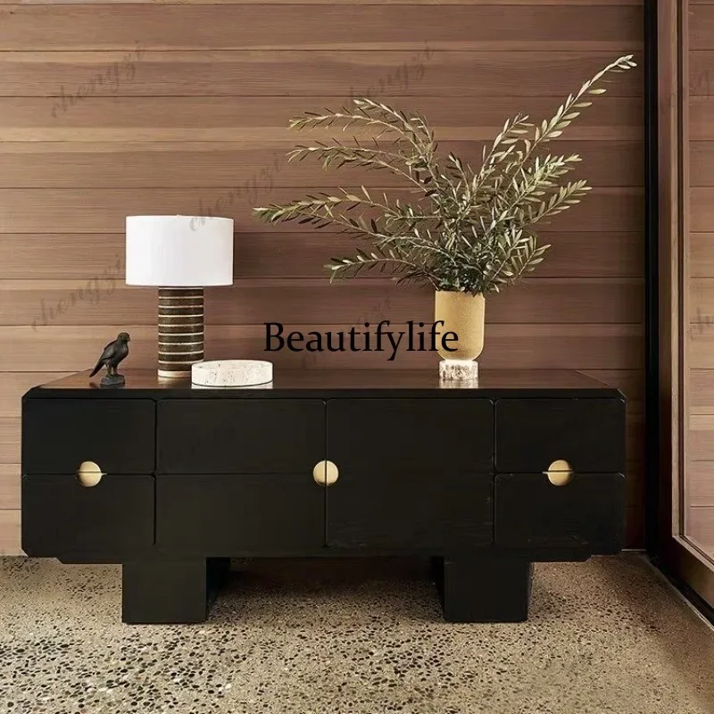 P41 Black retro solid wood porch cabinet, white wood locker, Italian art side cabinet