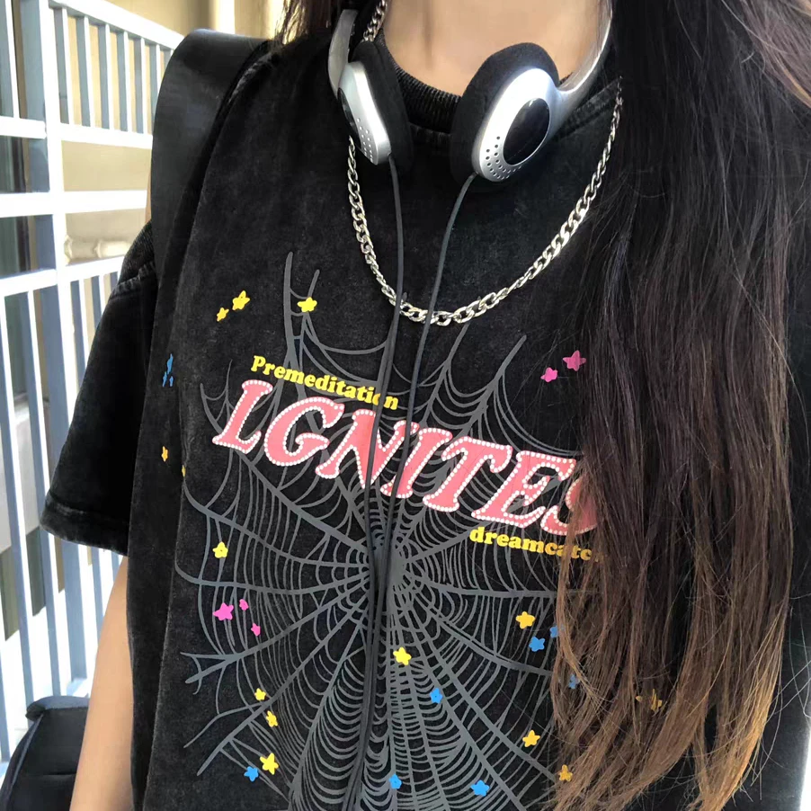 Women Sexy Off Shoulder Short Sleeved T-shirt Y2K Korean Retro Streetwear Tee Harajuku Oversized Letter Printing Women Oneck Top image 3