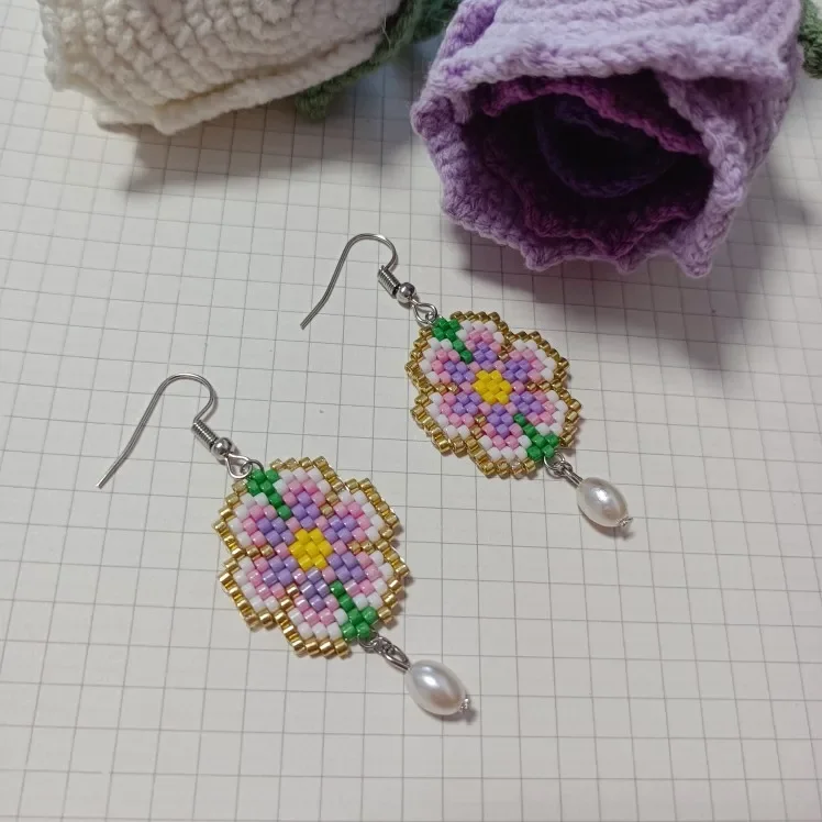 Beaded earrings  purple  flower  graphical  Fashion  trend  Simplicity  Hand woven  Bohemia  alloy  female  Rice bead earrings