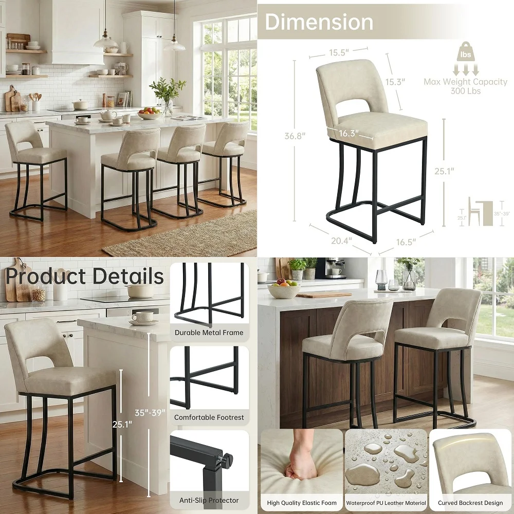 

Stools Set of 4, 25 Inch Counter Height Backless Barstools with Nailhead Trim, Heavy Duty Metal Frame Saddle Seat for Kitchen I