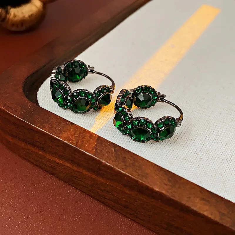 Rhinestone Emerald U Hoop Earrings for Women French Vintage Fashion Temperament Earring Luxury Jewelry Manufacturers Wholesale