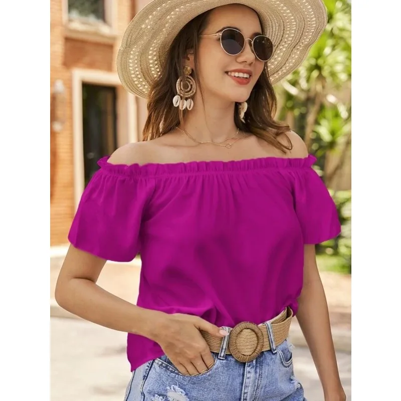 

Women's Fashion Women's Clothing Spring/Summer New Product Off Shoulder Solid Color Ruffle Blouse Women's Top