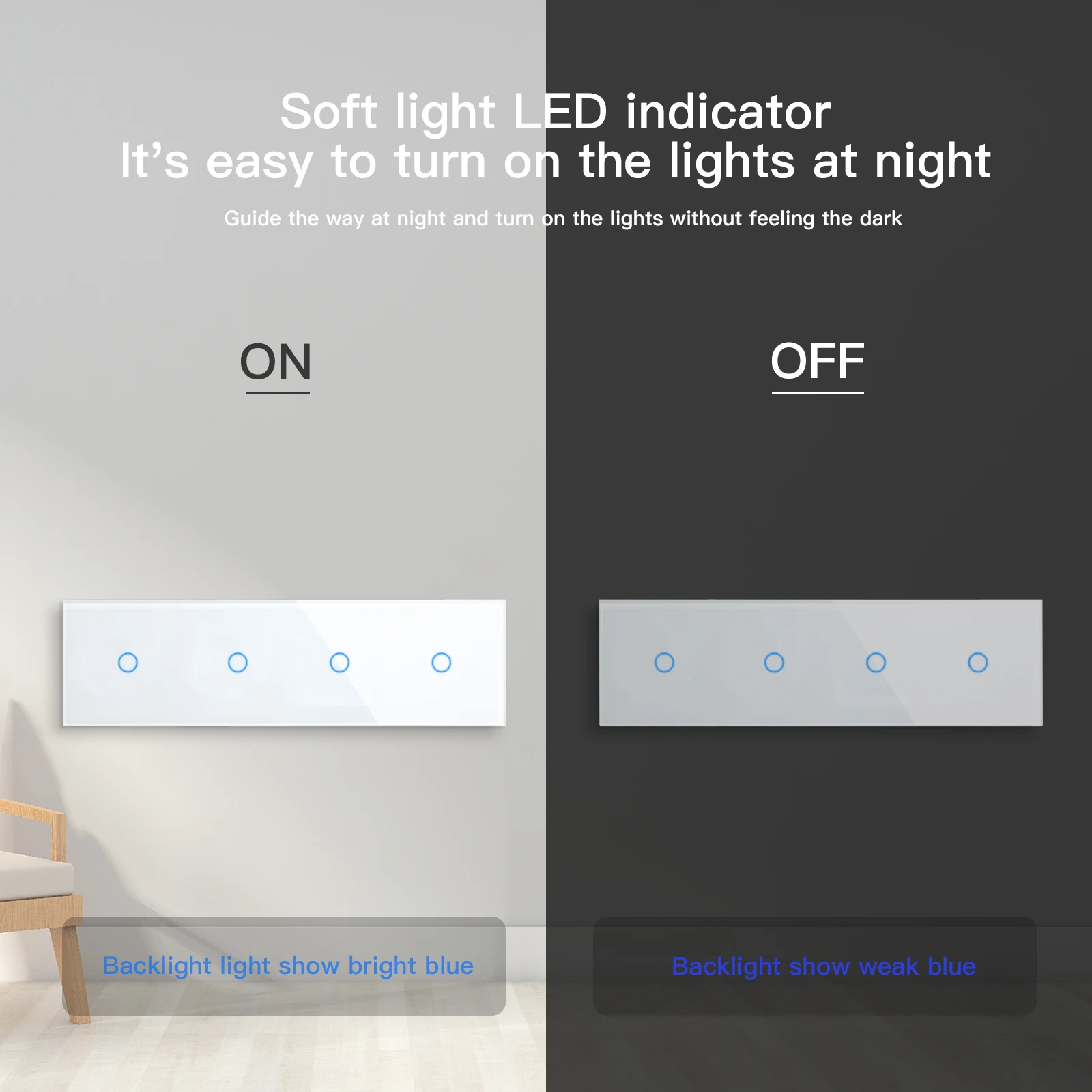 BSEED 1/2Gang Wall Touch Switches 1Way Sensor Light Switch Glass Panel Blue Backlight  EU Standard 299mm