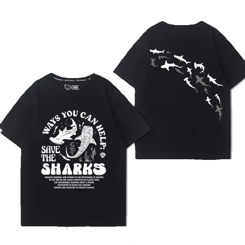 Ocean Animal Shark Cartoon Pure Cotton Printed Men's and Women's Personalized T-shirt New Fashionable Loose Casual T-shirt