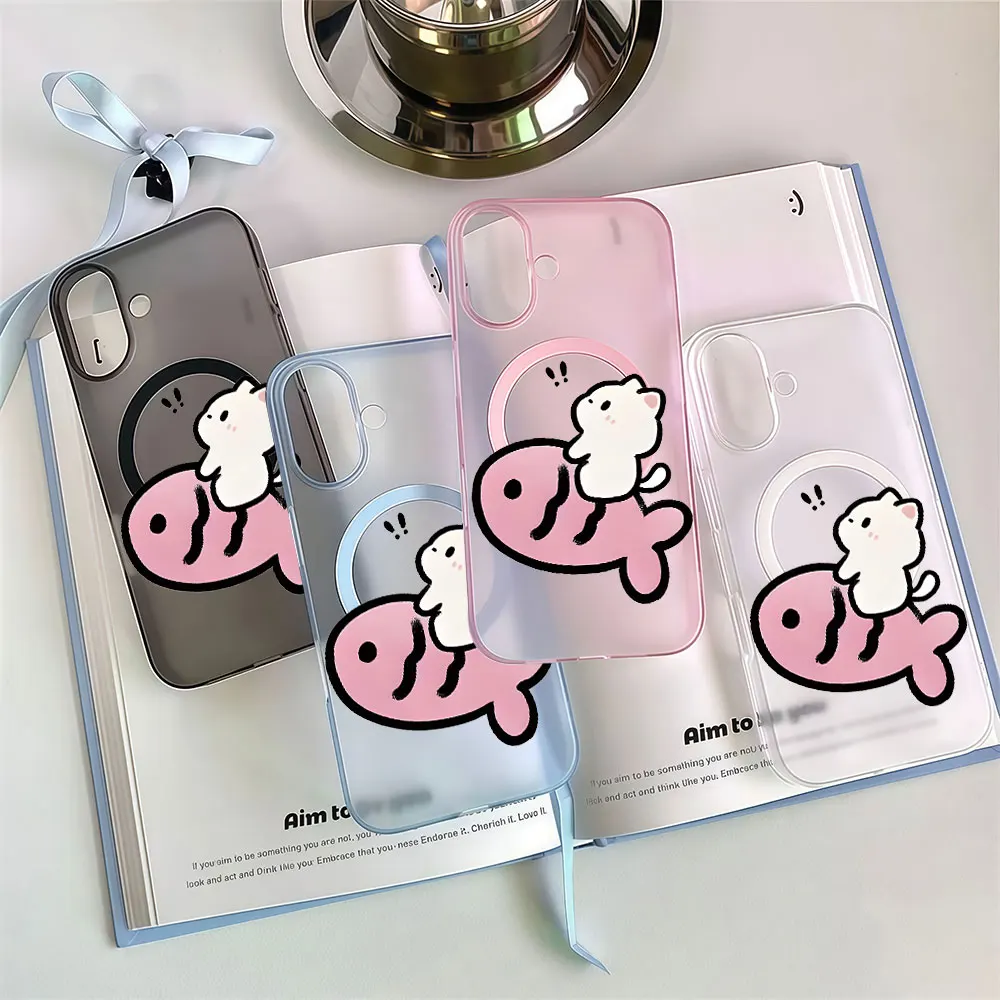 Cartoon White Cat Phone Case For Samsung Galaxy S25 S23 Plus S26 S24 Ultra FE A57 A55 A56 A37 A35 A07 A06 Matte Magnetic Cover
