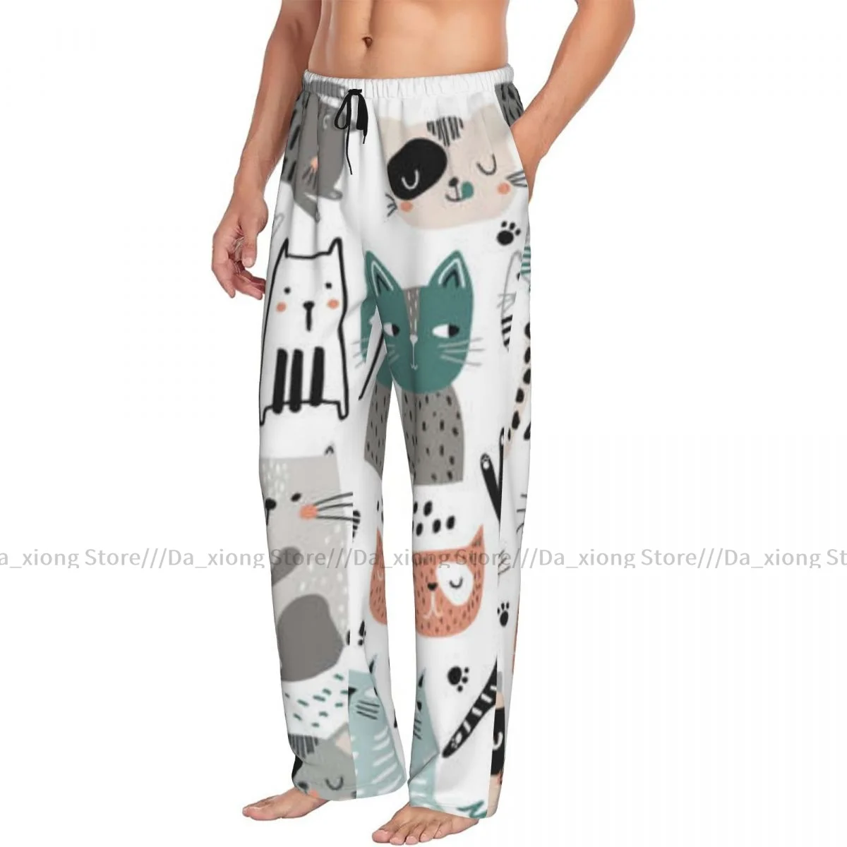 Men's Sleepwear Loose Sleep Pants Pajamas Cute Hand Drawn Cats Long Lounge Bottoms Casual Homewear