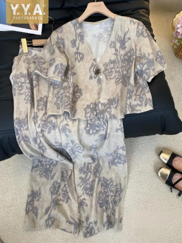 

Женские летние комплекты с принтом в стиле ретро, повседневный топ с короткими рукавами и v-образным вырезом на одной пуговице, одинаковый комплект, широкие брюки, длинные брюки, наряды