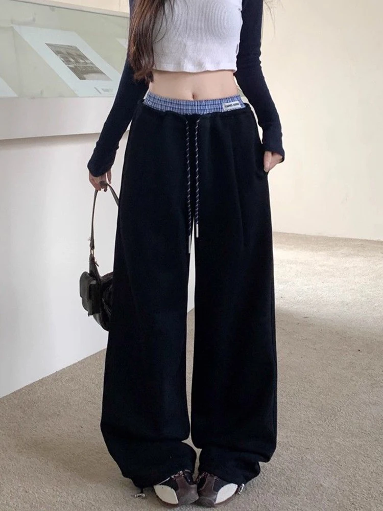 السراويل الرياضية واسعة الساق النساء الدانتيل يصل منقوشة المرقعة عالية الخصر الشارع الشهير بنطلون الخريف خمر فضفاض عادية مستقيم Sweatpants