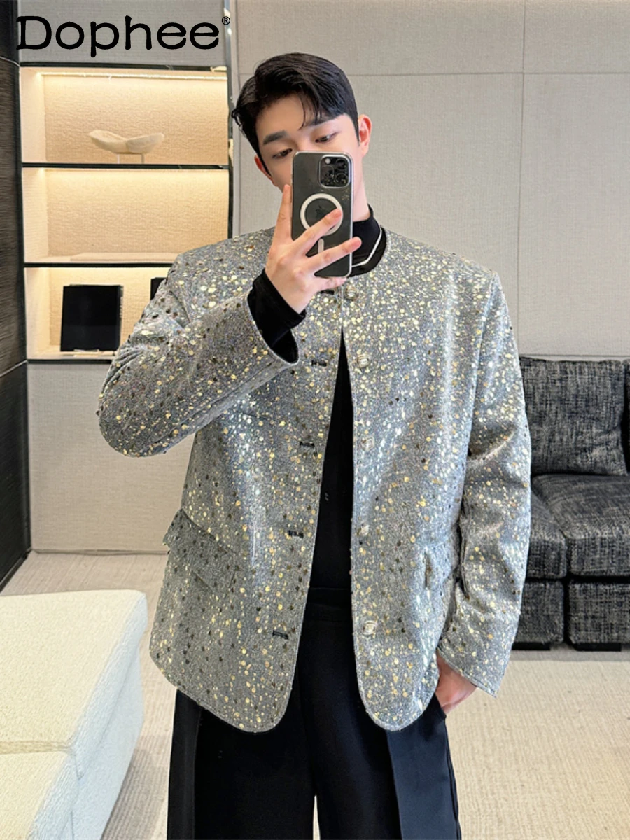 

2024 Autumn Winter New Shoulder Padded Jackets Men's High-end Trendy Handsome Long Sleeve Chic Blazers Sequined Suit Jacket Top