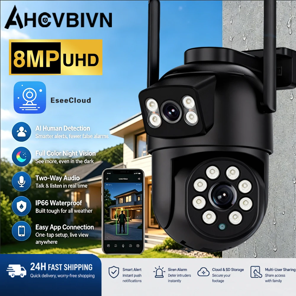 

EseeCloud Wireless Outdoor 4K 8MP WiFi Security Camera Dual Lens HD Video Surveillance IP Camera CCTV PTZ Auto Tracking