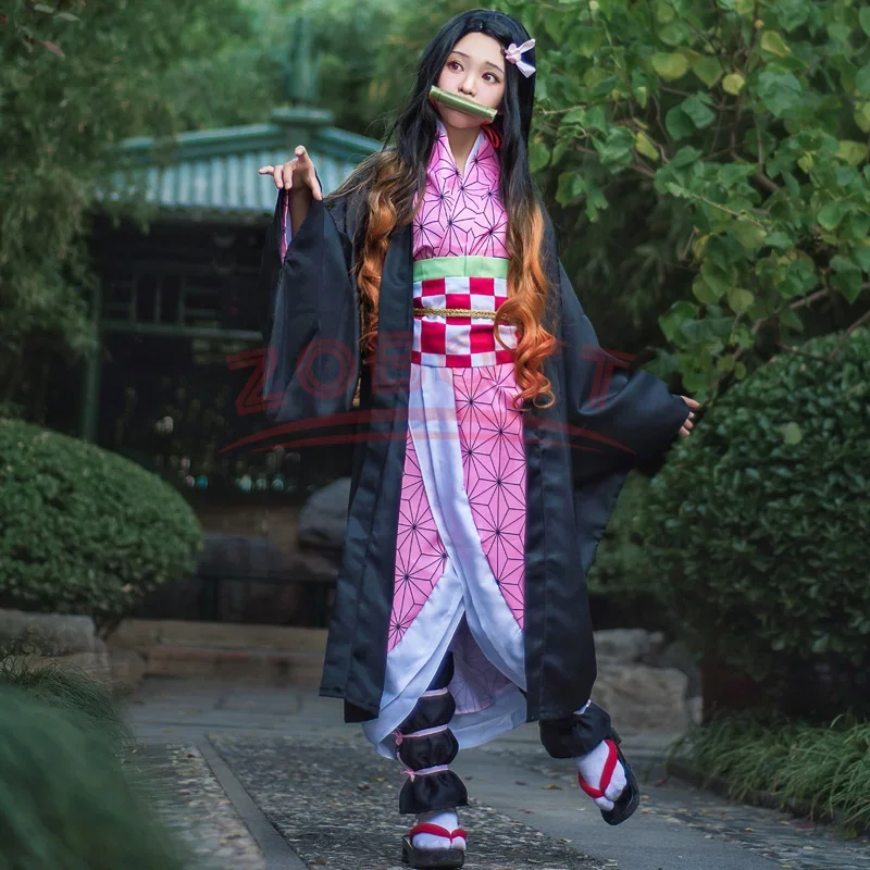 Anime Nezuko przebranie na karnawał Kimono Kimetsu No Yaiba kostium peruka damskie dziewczyny Kimono jednolite ubrania